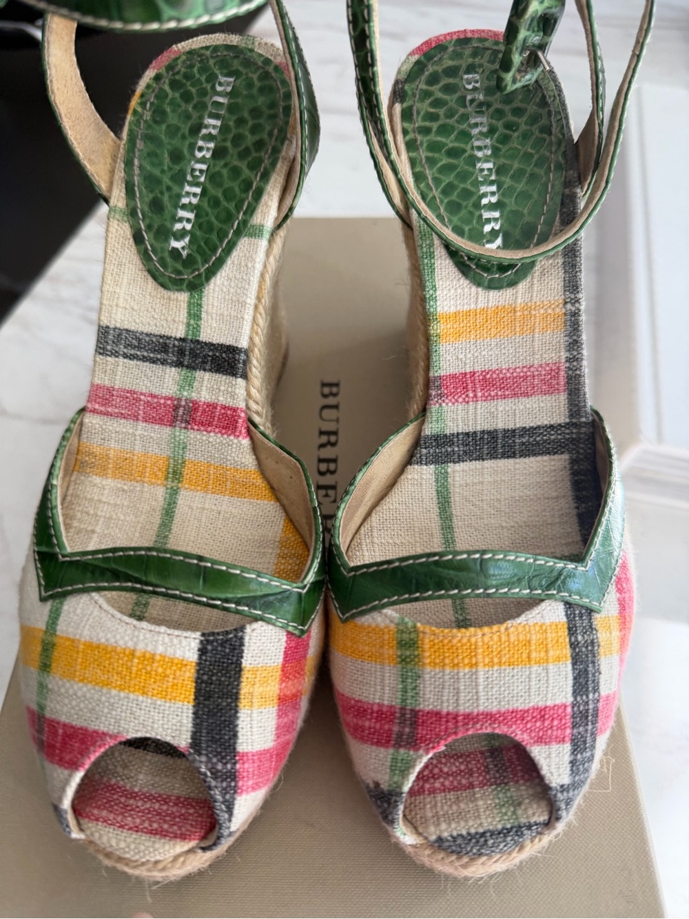 Burberry Multicolor Plaid Espadrille Wedge Sandals with Green Trim